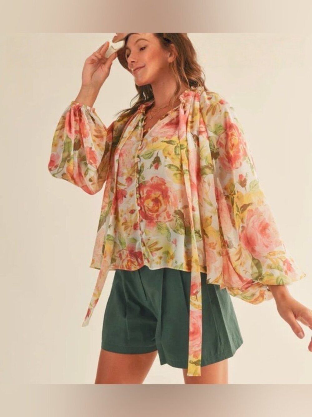 RESET by Jane Flora Botanical Floral Blouse Boho Style Tie-Neck Sheer Pastel